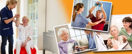 Three different pictures-
First Picture: A female Occupational nurse is holding a female patients arm straight up while the patient sits on an exercise ball.
Second Picture: A female Nurse is checking an elderly females blood pressure
Third Picture: A female Occupational Nurse is helping a man lift his arms up with weights.
Fourth Picture: A male Physician is sitting next to an elderly female patient and her daughter and is holding a clipboard in his hand.