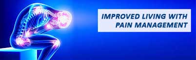 Human Anatomy of a body bent over with hands over face. Ad says IMPROVED LIVING WITH PAIN MANAGEMENT.